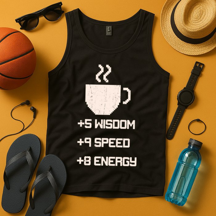 Pixel Coffee Power Up Wisdom Speed Energy Tank Top
