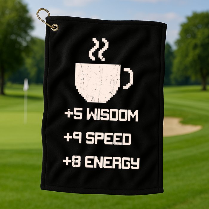 Pixel Coffee Power Up Wisdom Speed Energy Golf Towel