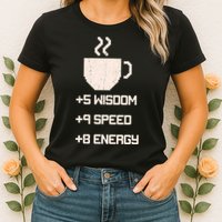 Pixel Coffee Power Up Wisdom Speed Energy Womens T-Shirt