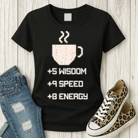 Pixel Coffee Power Up Wisdom Speed Energy Womens T-Shirt