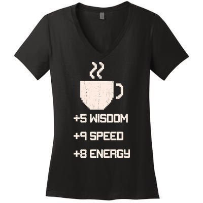 Pixel Coffee Power Up Wisdom Speed Energy Women's V-Neck T-Shirt