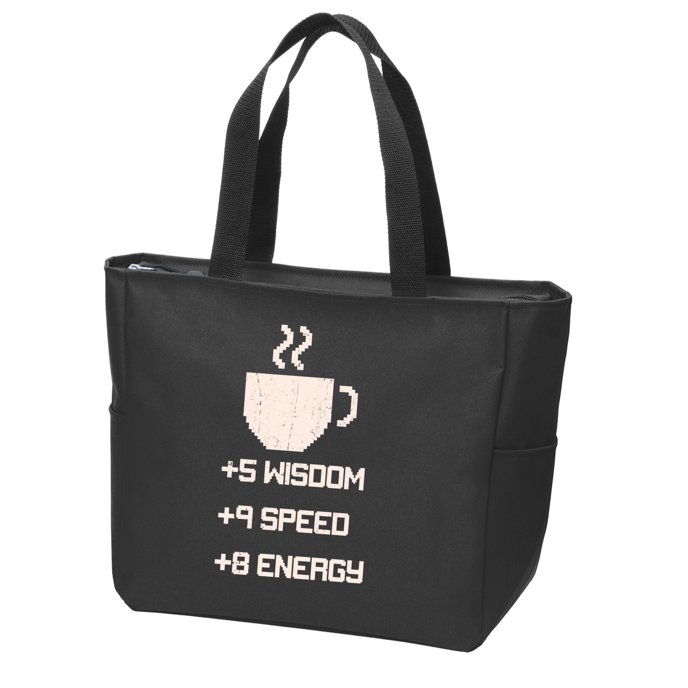 Pixel Coffee Power Up Wisdom Speed Energy Zip Tote Bag