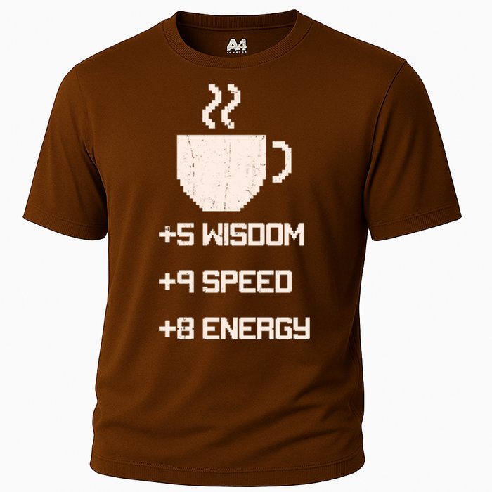 Pixel Coffee Power Up Wisdom Speed Energy Cooling Performance Crew T-Shirt