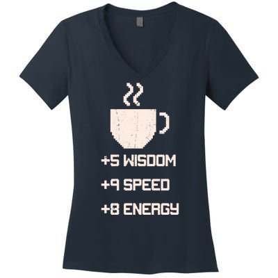 Pixel Coffee Power Up Wisdom Speed Energy Women's V-Neck T-Shirt