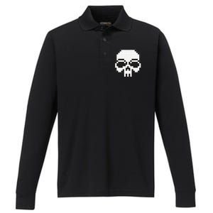 Pixel Video Game Death Skull Performance Long Sleeve Polo