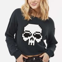 Pixel Video Game Death Skull Cropped Pullover Crew