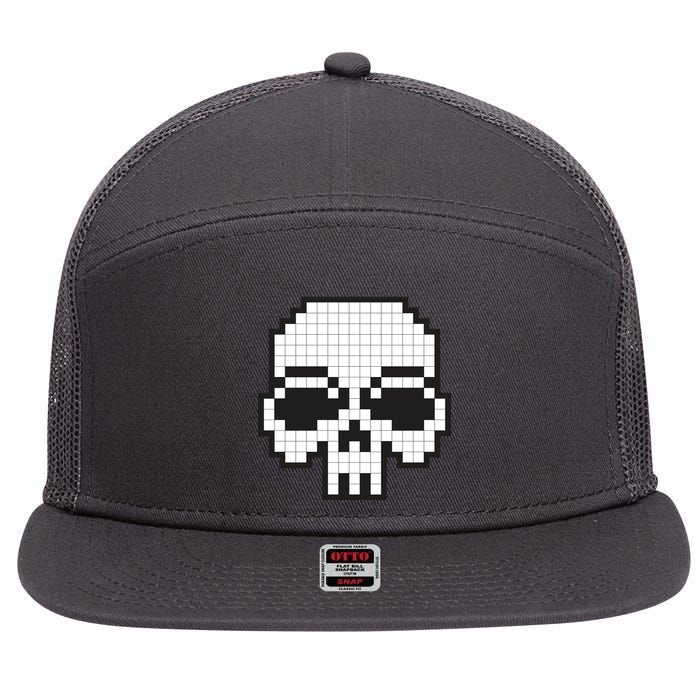 Pixel Video Game Death Skull 7 Panel Mesh Trucker Snapback Hat