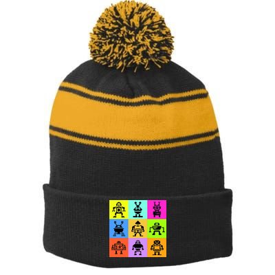 Pixelated Robot Collection Stripe Pom Pom Beanie