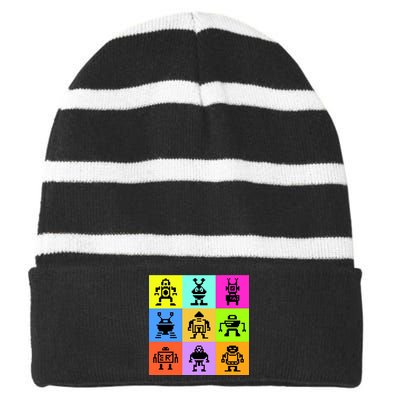 Pixelated Robot Collection Striped Beanie with Solid Band