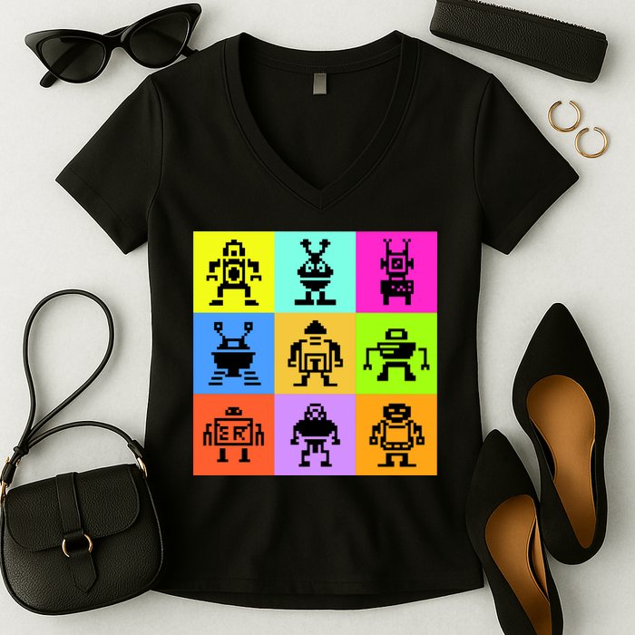 Pixelated Robot Collection Women's V-Neck T-Shirt