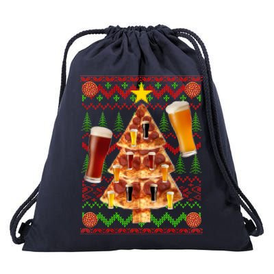 Pizza and Beer Ugly Christmas Sweater Drawstring Bag