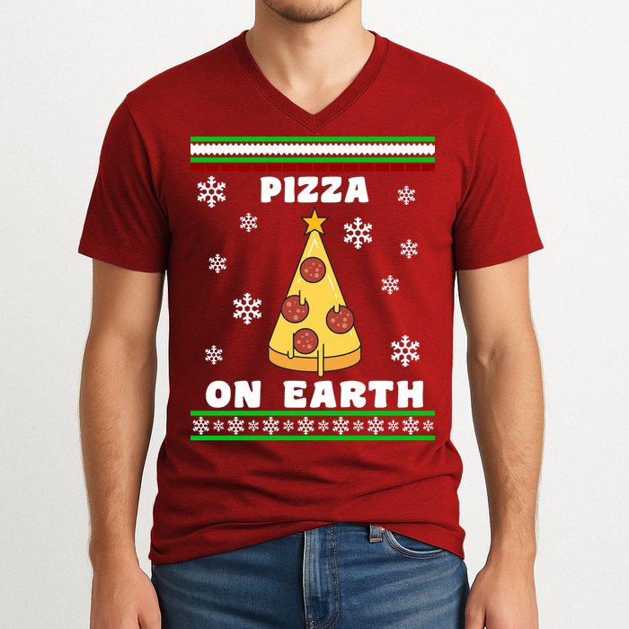 Pizza On Earth Ugly Christmas V-Neck T-Shirt
