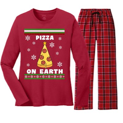 Pizza On Earth Ugly Christmas Women's Long Sleeve Flannel Pajama Set 