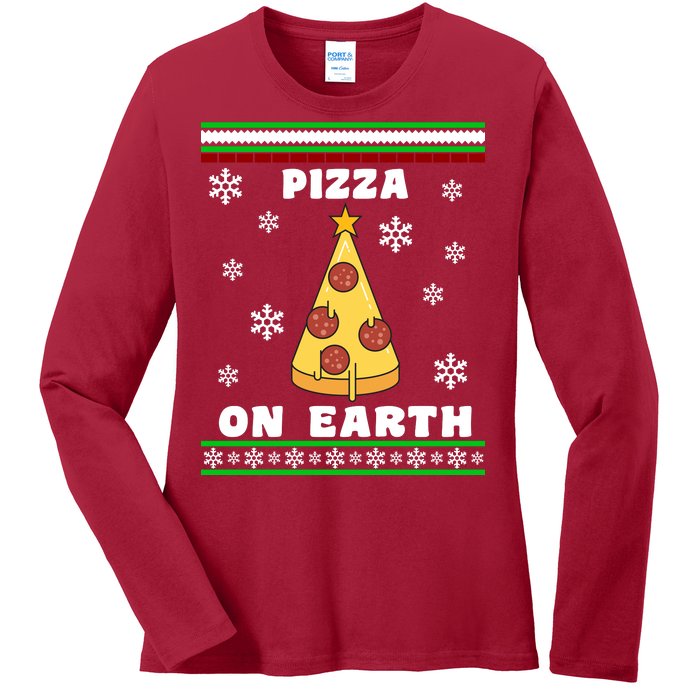 Pizza On Earth Ugly Christmas Ladies Long Sleeve Shirt