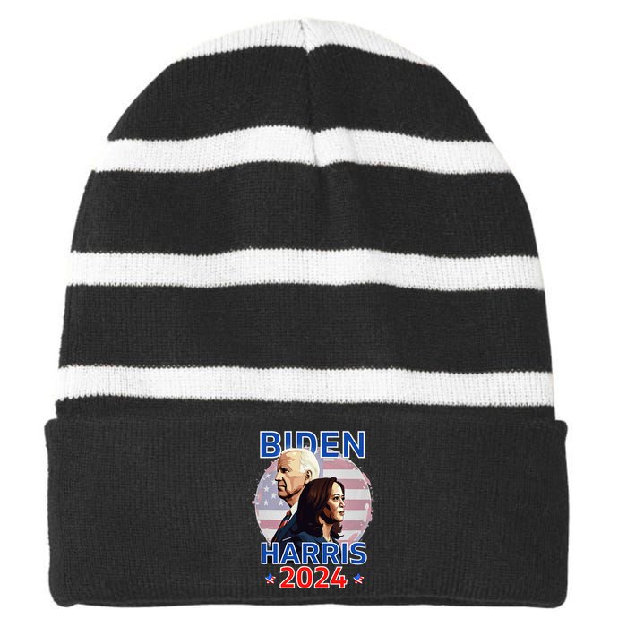 Patriotic Joe Biden Kamala Harris Democrat Campaign 2024 Striped Beanie with Solid Band