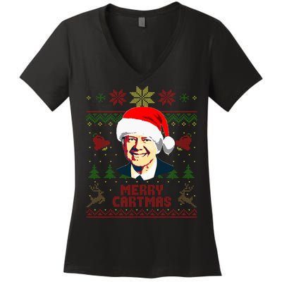 President Jimmy Carter Merry Cartmas Funny Christmas Women's V-Neck T-Shirt