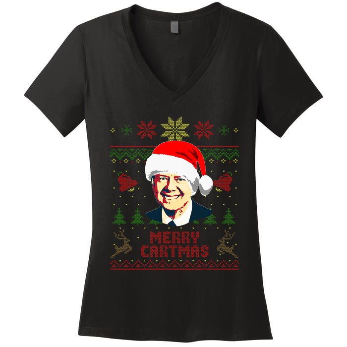 President Jimmy Carter Merry Cartmas Funny Christmas Women's V-Neck T-Shirt