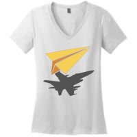 Paper Jet Fighter Plane Airplane Aviation Aircraft Airfield Women's V-Neck T-Shirt