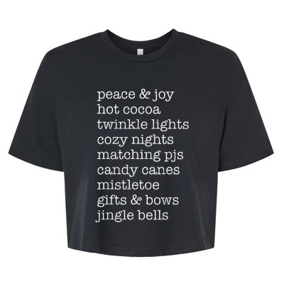 Peace & Joy Hot Cocoa Twinkle Lights Cozy Nights Bella+Canvas Jersey Crop Tee