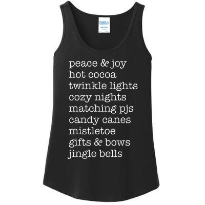 Peace & Joy Hot Cocoa Twinkle Lights Cozy Nights Ladies Essential Tank