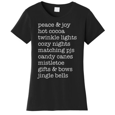 Peace & Joy Hot Cocoa Twinkle Lights Cozy Nights Women's T-Shirt