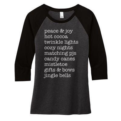 Peace & Joy Hot Cocoa Twinkle Lights Cozy Nights Women's Tri-Blend 3/4-Sleeve Raglan Shirt