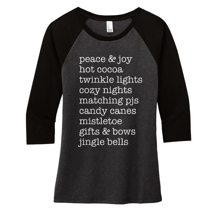 Peace & Joy Hot Cocoa Twinkle Lights Cozy Nights Women's Tri-Blend 3/4-Sleeve Raglan Shirt