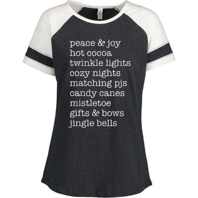 Peace & Joy Hot Cocoa Twinkle Lights Cozy Nights Enza Ladies Jersey Colorblock Tee