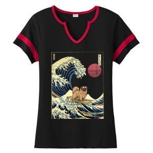 Pekingese Japanese Kanagawa Wave Funny Surf Dog Ladies Halftime Notch Neck Tee