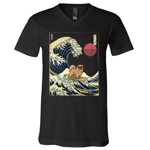 Pekingese Japanese Kanagawa Wave Funny Surf Dog V-Neck T-Shirt