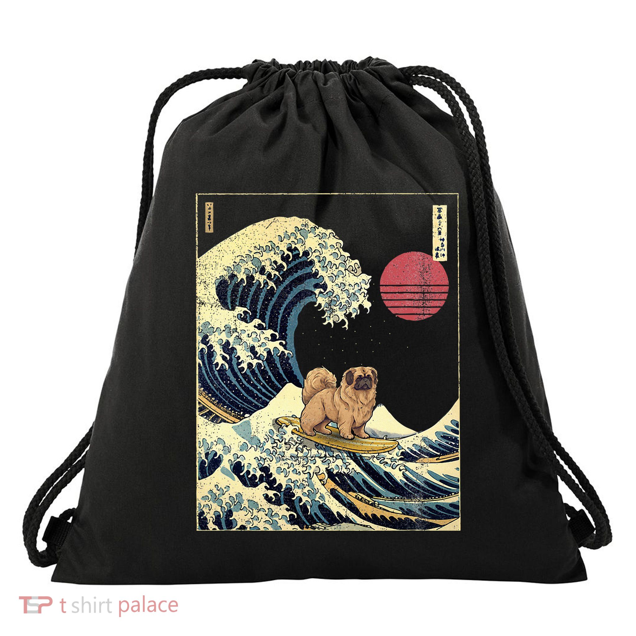 Pekingese Japanese Kanagawa Wave Funny Surf Dog Drawstring Bag
