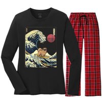 Pekingese Japanese Kanagawa Wave Funny Surf Dog Women's Long Sleeve Flannel Pajama Set 