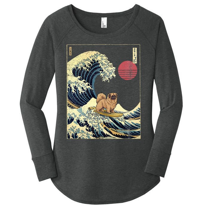 Pekingese Japanese Kanagawa Wave Funny Surf Dog Women's Perfect Tri Tunic Long Sleeve Shirt