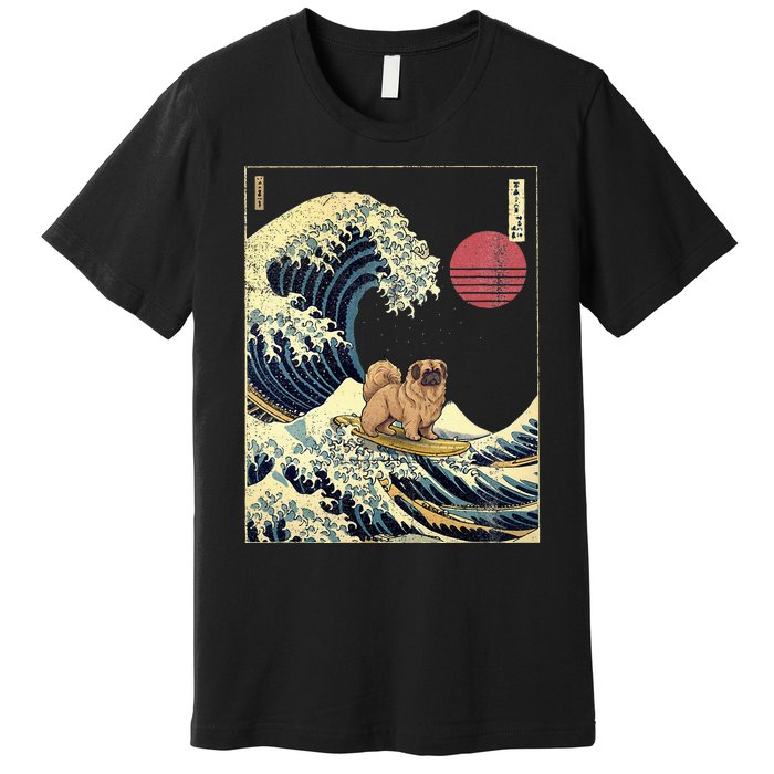 Pekingese Japanese Kanagawa Wave Funny Surf Dog Premium T-Shirt