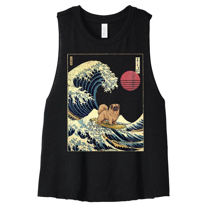 Pekingese Japanese Kanagawa Wave Funny Surf Dog Women's Racerback Cropped Tank