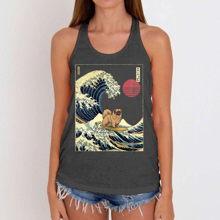 Pekingese Japanese Kanagawa Wave Funny Surf Dog Women's Knotted Racerback Tank