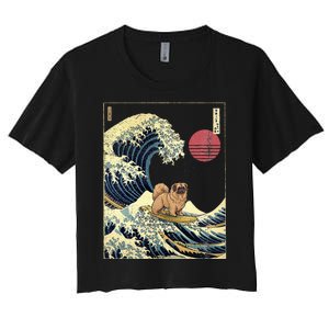 Pekingese Japanese Kanagawa Wave Funny Surf Dog Women's Crop Top Tee