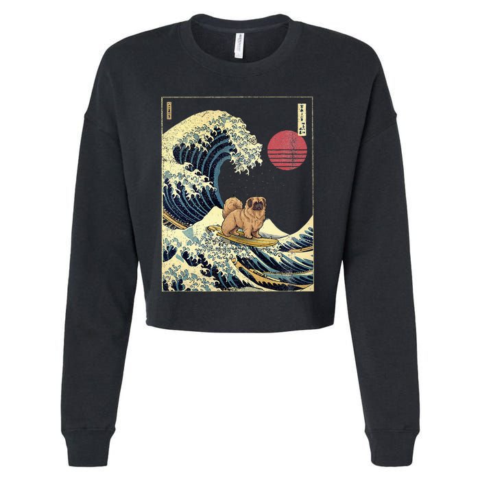 Pekingese Japanese Kanagawa Wave Funny Surf Dog Cropped Pullover Crew