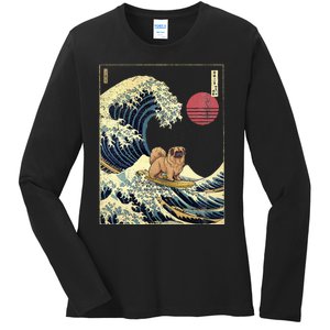 Pekingese Japanese Kanagawa Wave Funny Surf Dog Ladies Long Sleeve Shirt