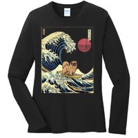 Pekingese Japanese Kanagawa Wave Funny Surf Dog Ladies Long Sleeve Shirt