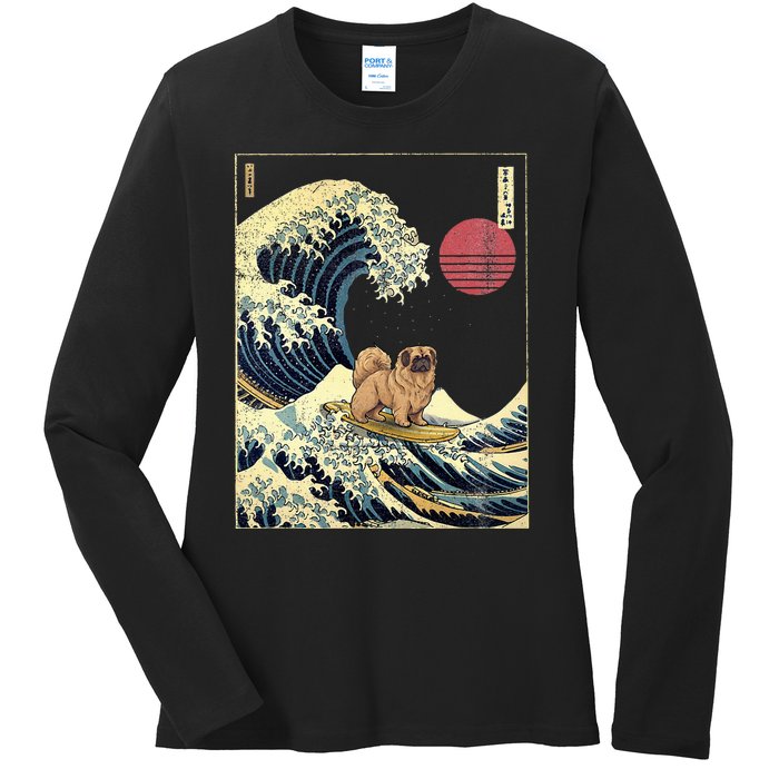 Pekingese Japanese Kanagawa Wave Funny Surf Dog Ladies Long Sleeve Shirt