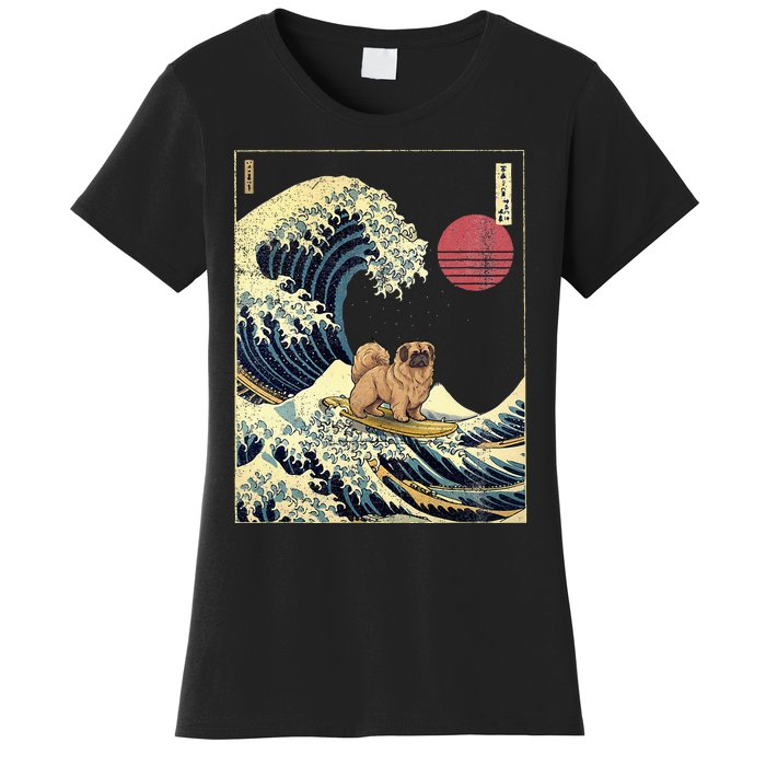 Pekingese Japanese Kanagawa Wave Funny Surf Dog Women's T-Shirt