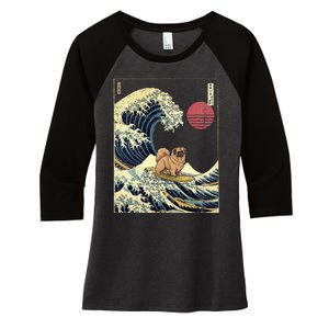 Pekingese Japanese Kanagawa Wave Funny Surf Dog Women's Tri-Blend 3/4-Sleeve Raglan Shirt