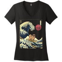 Pekingese Japanese Kanagawa Wave Funny Surf Dog Women's V-Neck T-Shirt