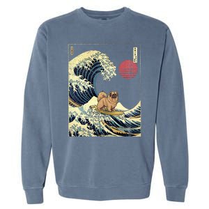 Pekingese Japanese Kanagawa Wave Funny Surf Dog Garment-Dyed Sweatshirt