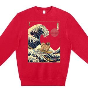 Pekingese Japanese Kanagawa Wave Funny Surf Dog Premium Crewneck Sweatshirt