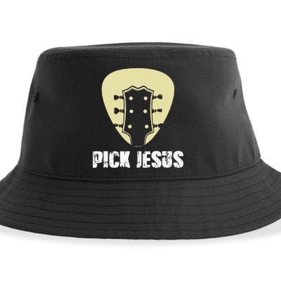 Pick Jesus Religious Musician Idea Guitar Worship Sustainable Bucket Hat