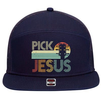 Pick Jesus Religious Musician Idea Guitar Worship 7 Panel Mesh Trucker Snapback Hat