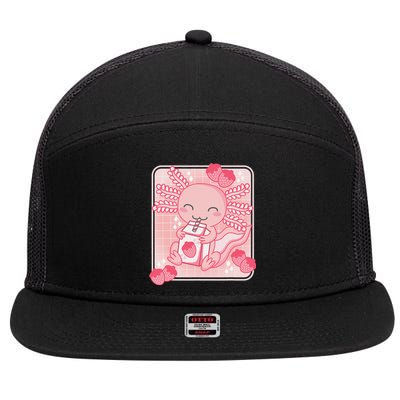 Pink Kawaii Aesthetic Axolotl Japanese Strawberry Milk Anime  7 Panel Mesh Trucker Snapback Hat