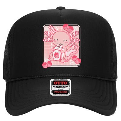 Pink Kawaii Aesthetic Axolotl Japanese Strawberry Milk Anime  High Crown Mesh Back Trucker Hat